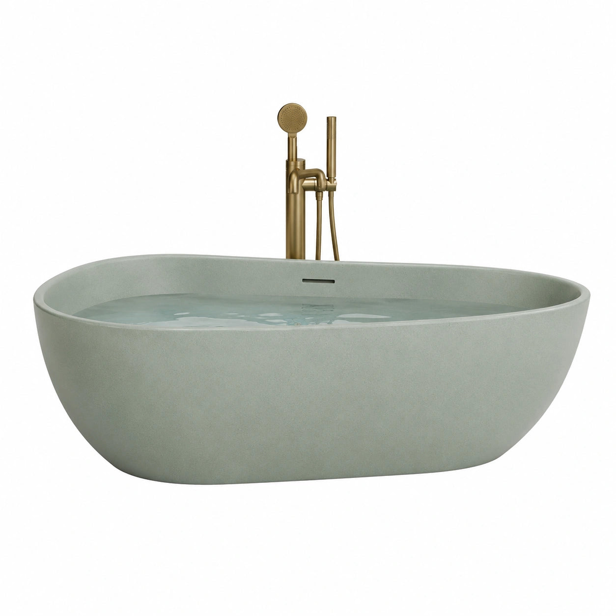 Vasca da bagno freestanding in cemento grigio con rubinetto in ottone
