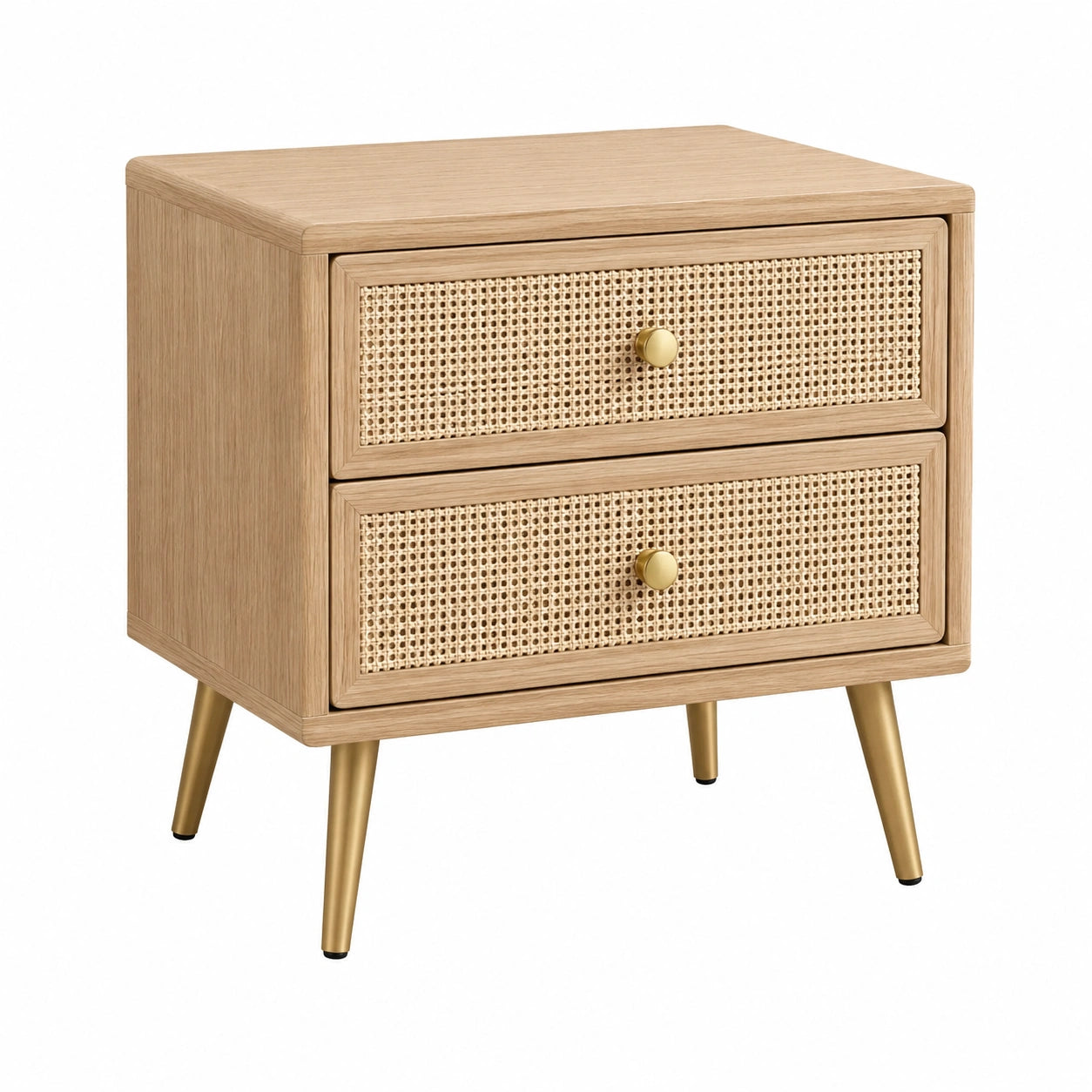 Comodino in legno e rattan con gambe in metallo