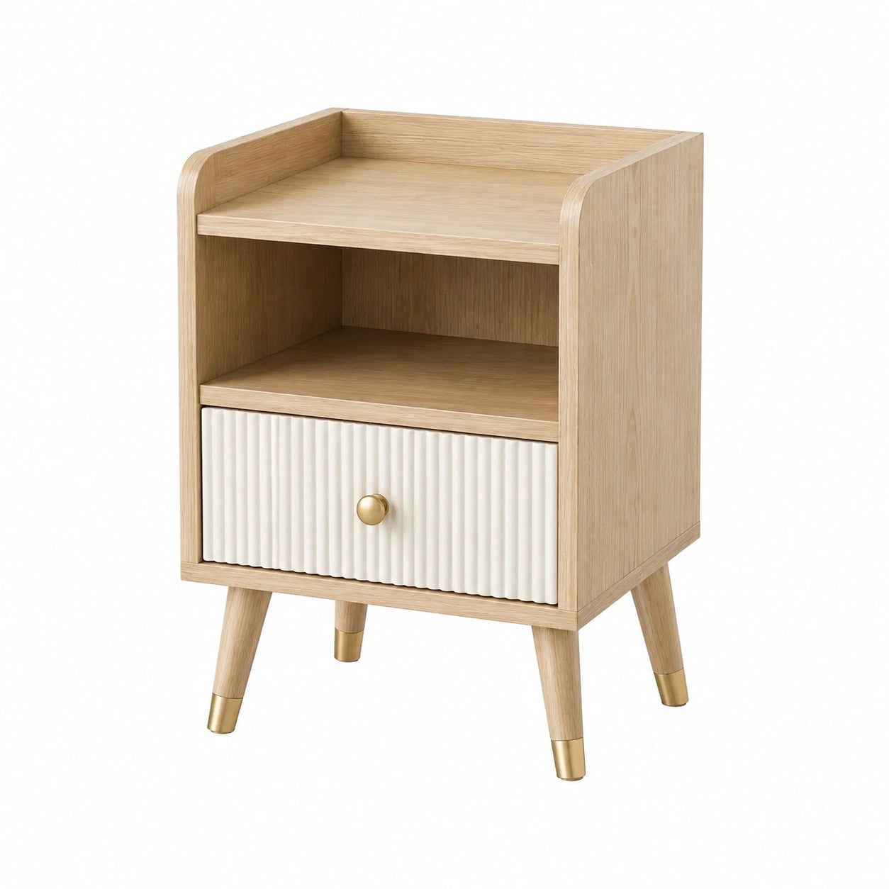 Comodino in Legno di Rovere con Cassetto Bianco e Dettagli in Metallo