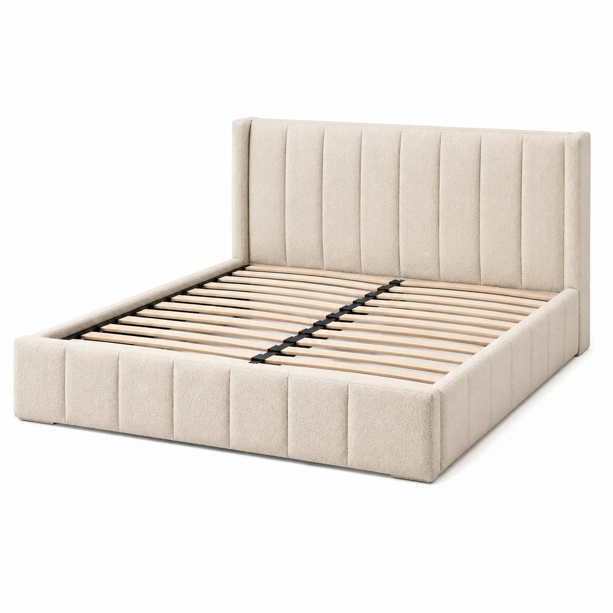 Letto matrimoniale in legno e tessuto beige