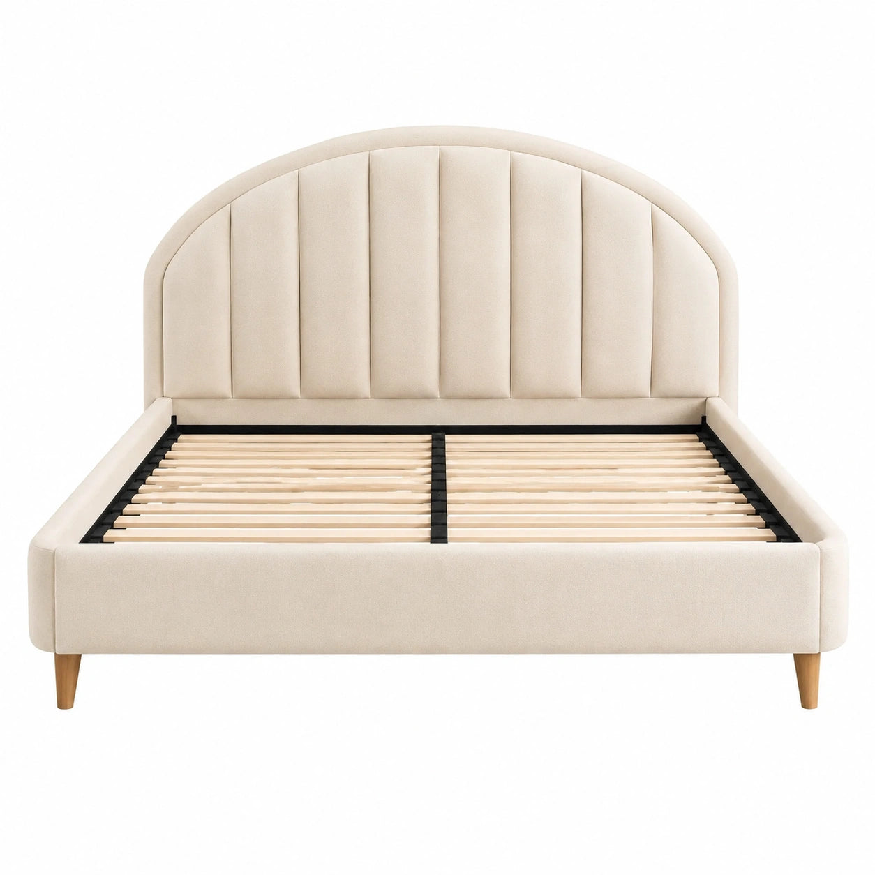 Letto matrimoniale in tessuto beige con struttura in legno massello