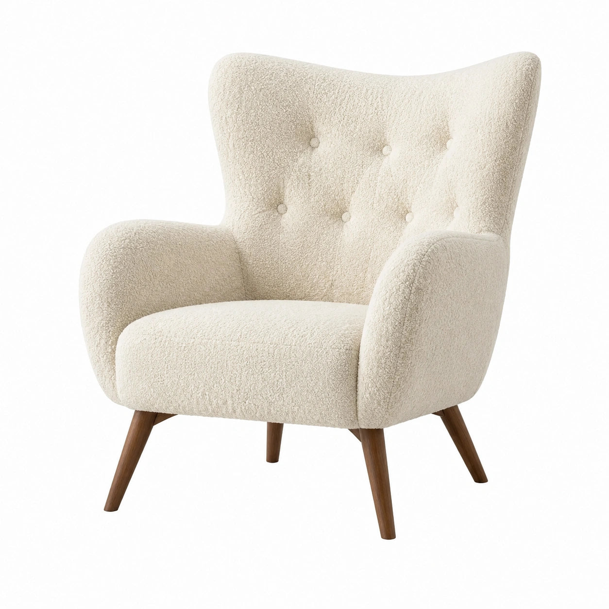 Poltrona in Tessuto Bouclé Crema con Gambe in Legno