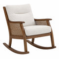 Sedia a dondolo in legno con tessuto crema e rattan