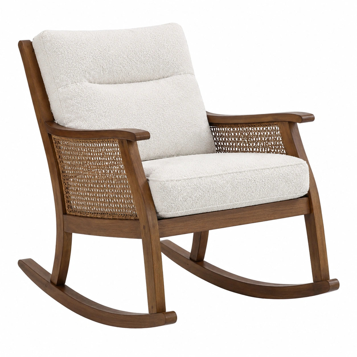Sedia a dondolo in legno con tessuto crema e rattan