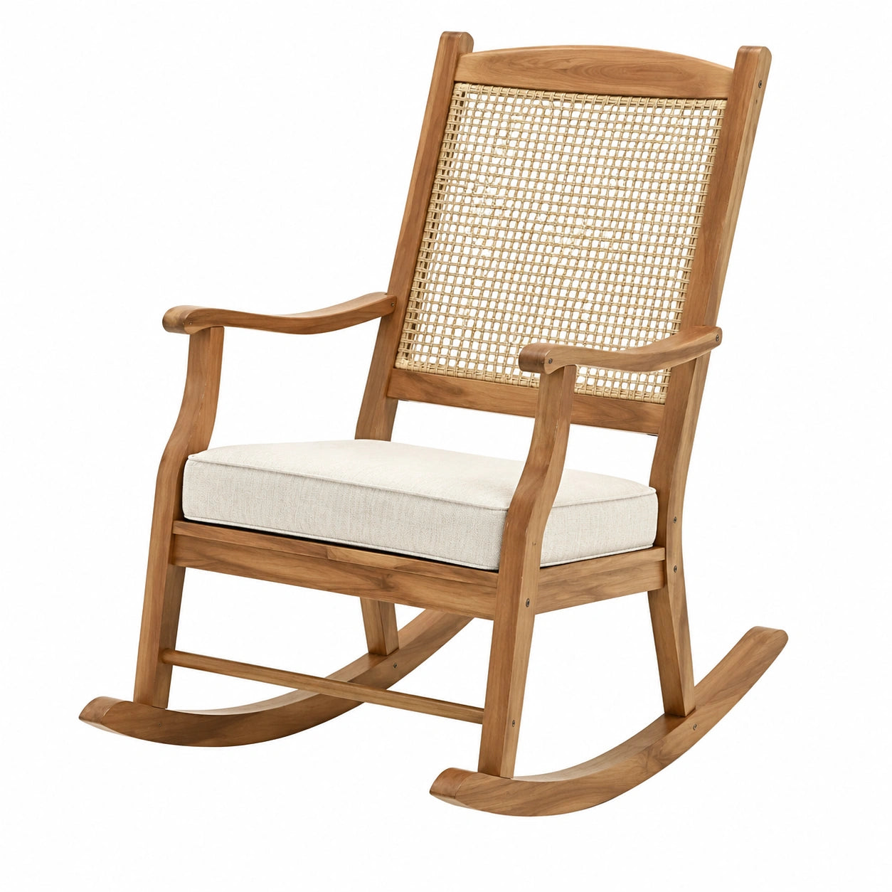 Sedia a Dondolo in Legno di Teak con Schienale in Paglia