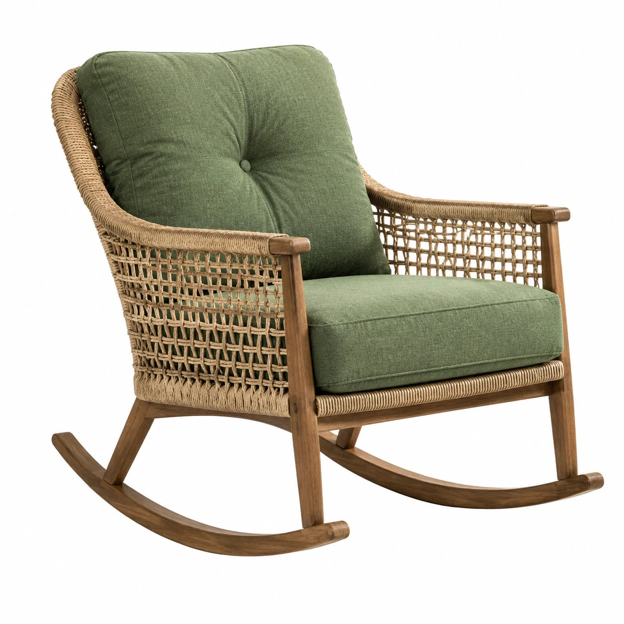 Sedia a dondolo in legno e rattan con seduta verde