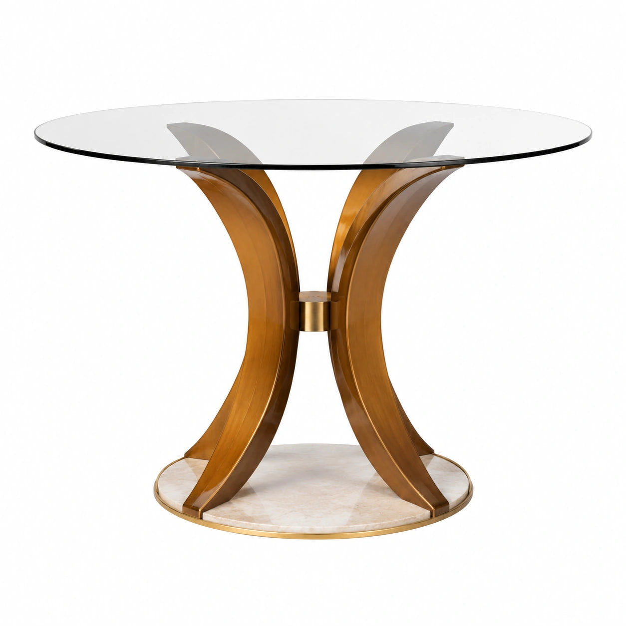 Tavolo rotondo in vetro temperato con base in metallo e marmo, diametro 120 cm, trasparente/oro